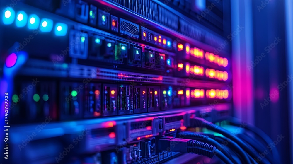 Naklejka premium Network infrastructure. Telecommunications systems. Data center. Modem with fiber-optic cables. Router in a data center. Hosting devices. Internet connectivity. 