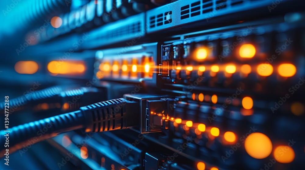 Network infrastructure. Telecommunications systems. Data center. Modem with fiber-optic cables. Router in a data center. Hosting devices. Internet connectivity. Network infrastructure. Telecommunications systems. Data center. Modem with fiber-optic cables. Router in a data center. Hosting devices. Internet connectivity.