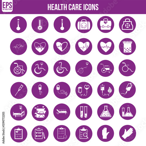 Print Health Checkup Line Icon Set – Comprehensive Medical Care and Patient Diagnosis Icon Collection - Editable Stroke Design purple color.eps sick leave, sick icon, illness, wellness, hospital, surg