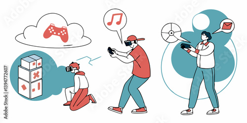 VR Headsets for Gaming Music Email: People Experiencing Virtual Reality - Vector Illustration