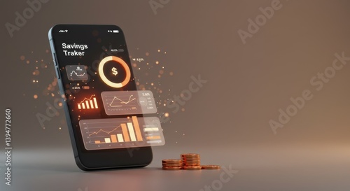 Modern Smartphone Savings Tracker App Interface Showing Financial Growth and Progress with Stacked Coins