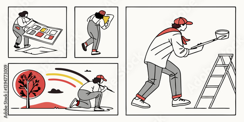 Cartoon Vector Art DIY Mural Painting Wall Art - Rainbow Tree Ladder Color Swatches Planning Sketching Painting Process Illustration