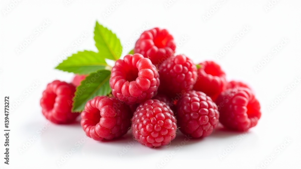Fresh Raspberries Pile With Green Leaf Fresh Raspberries Pile With Green Leaf