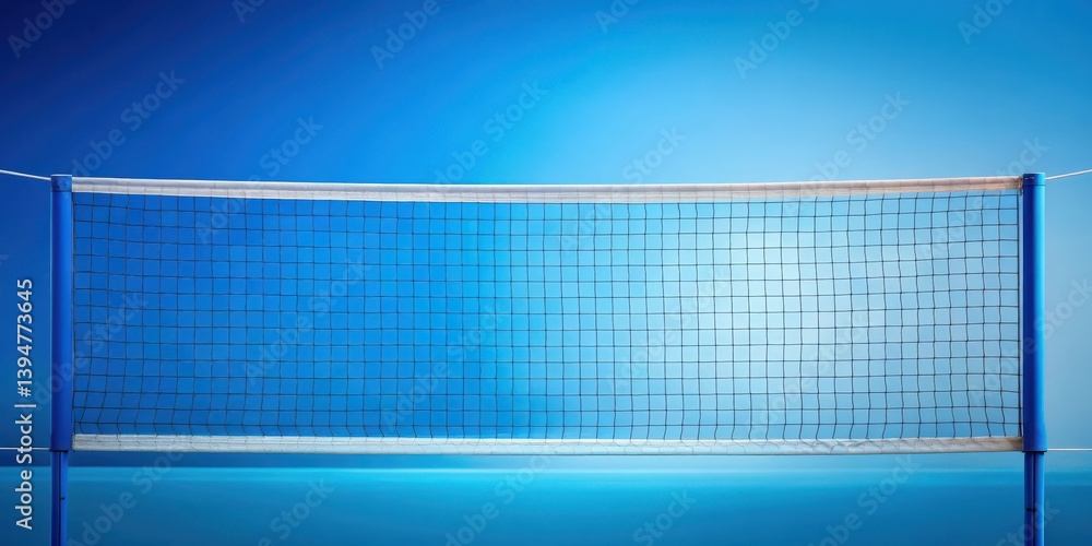A blue volleyball net stands tall on a sky blue background with the mesh details clearly visible, athletic game, blue volleyball net