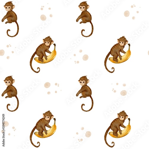 Photography Whimsical watercolor pattern featuring playful monkeys enjoying bananas in a vib