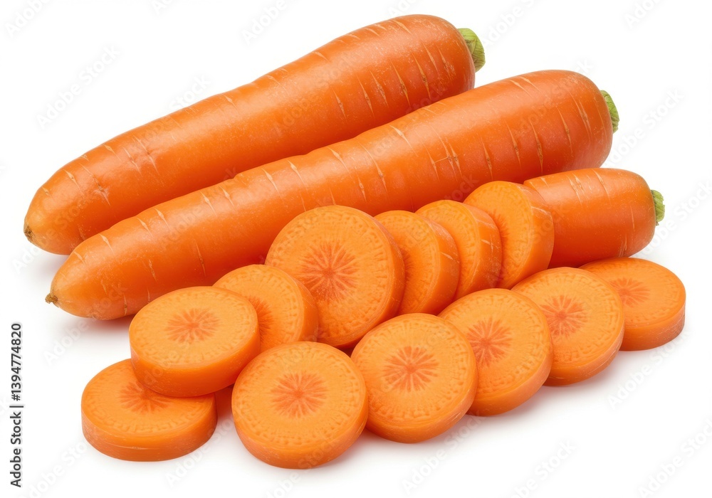Two whole carrots and several sliced carrots arranged on a plain white surface in a studio setting isolated on white background Two whole carrots and several sliced carrots arranged on a plain white surface in a studio setting isolated on white background