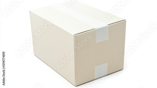 A plain beige shipping box with a white tape seal, set against a clean white background, emphasizing minimalism.