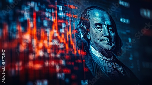 The U.S. economy. Franklin's portrait beside the flag. America's financial market. Graphs next to Franklin's portrait. Concept of economists' predictions for the United States. U.S. government bonds. 