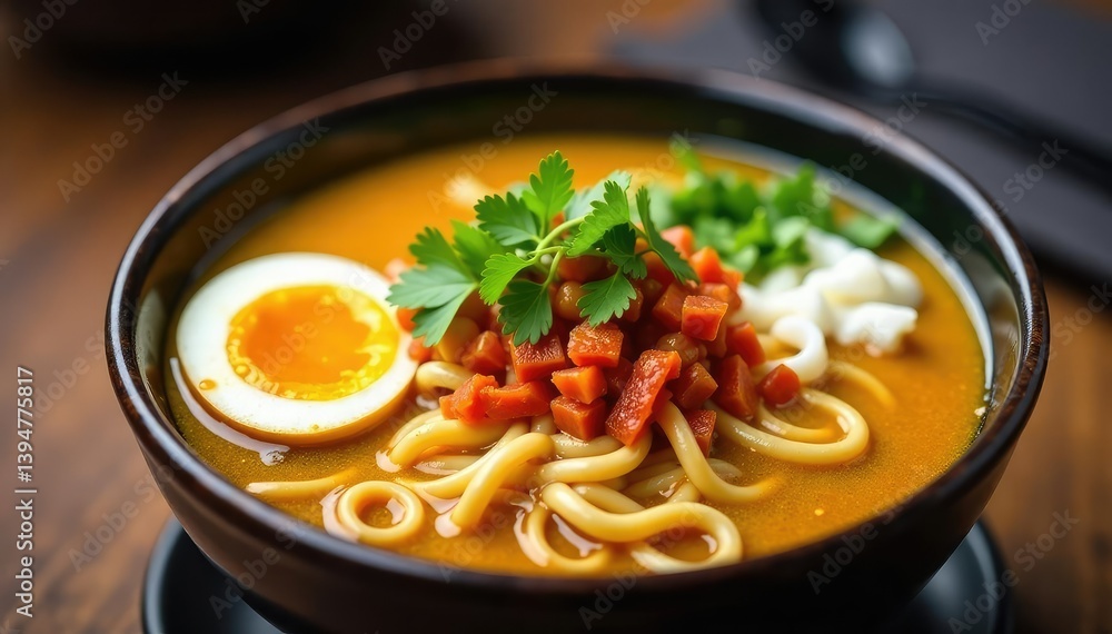 Close-up of ramen bowl, broth, noodles, toppings, chili, steamy Close-up of ramen bowl, broth, noodles, toppings, chili, steamy