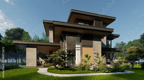 4K video rendering of modern two story house with gray and wood accents, large windows for sale or rent in luxurious style. Clear sunny summer day with blue sky.