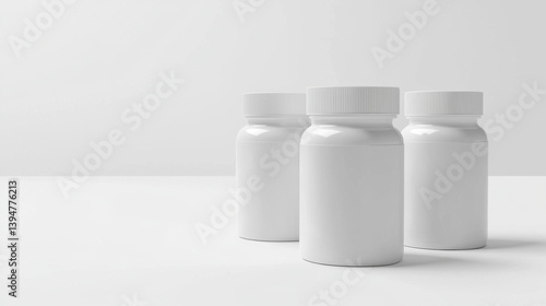 Three white pill bottles arranged on a clean, bright surface, embodying a minimalist aesthetic.