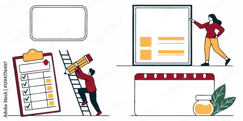 Flat Vector Business Productivity Design Checklist Ladder Board Calendar Text Frames Flat Vector Business Productivity Design Checklist Ladder Board Calendar Text Frames