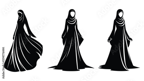 Collection of elegant silhouette of a Muslim hijab dress vector illustration, showcasing vintage fashion and style, vector illustration of a woman in a gown