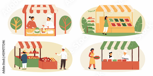 Farmers Market Stalls Illustrations People Buying Selling Fresh Food Produce