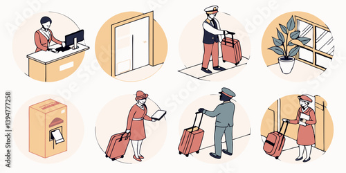 Isometric Cartoon Hotel Check-in Process Steps: Guest Arriving, Luggage, Reception, Room Access, Self-Service Machine - Travel Hospitality Accommodation