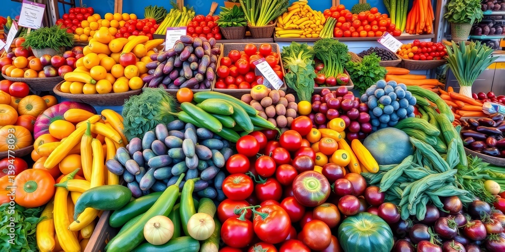 Vibrant display of colorful fruits & vegetables at a farmers market, agriculture, healthy Vibrant display of colorful fruits & vegetables at a farmers market, agriculture, healthy