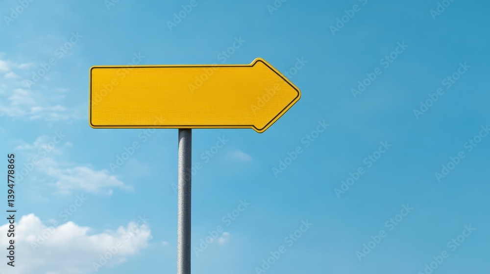 Blank yellow arrow signpost against a clear blue sky with a few clouds. The sign is mounted on a grey metal pole. Blank yellow arrow signpost against a clear blue sky with a few clouds. The sign is mounted on a grey metal pole.