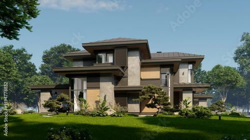 4K video rendering of modern two story house with gray and wood accents, large windows for sale or rent in luxurious style. Clear sunny summer day with blue sky.