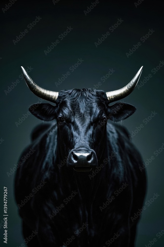 Naklejka premium there is a black bull with horns standing in a dark room