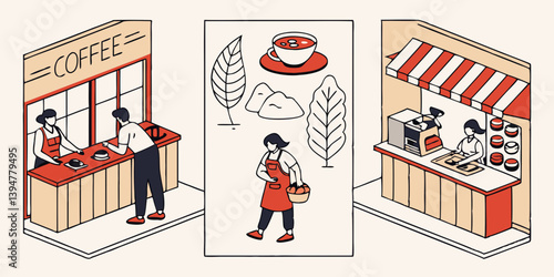 Isometric Vector Coffee Shop Illustration Barista Serving Customer Red Apron