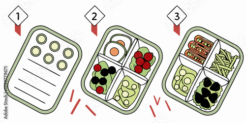 Healthy Bento Box Lunch Prep: Illustrated Steps with Eggs, Sushi, Berries, Olives, Sausages