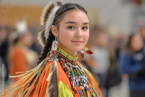 Indigenous dancer in traditional regalia during powwow