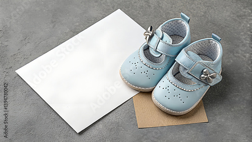 Baby Blue's Shoes and a Note: An elegant pair of light blue baby shoes sits adjacent to an invitation. This scene creates a sense of anticipation and a gentle, loving ambiance.