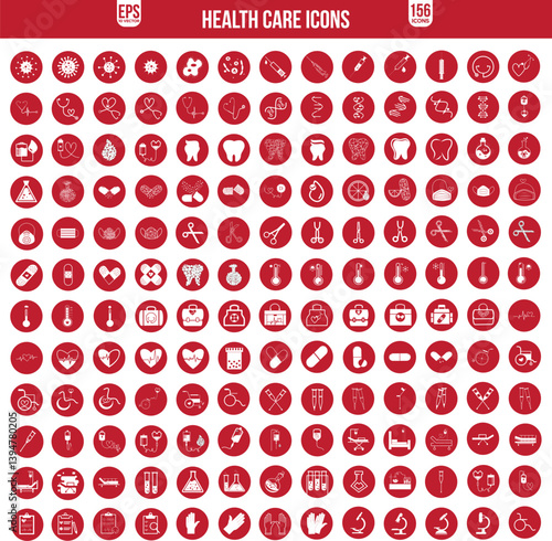 PrintHealth Checkup Line Icon Set – Comprehensive Medical Care and Patient Diagnosis Icon Collection - Editable Stroke Design red color set of 156 icons.eps sick leave, sick icon, illness, wellness, h