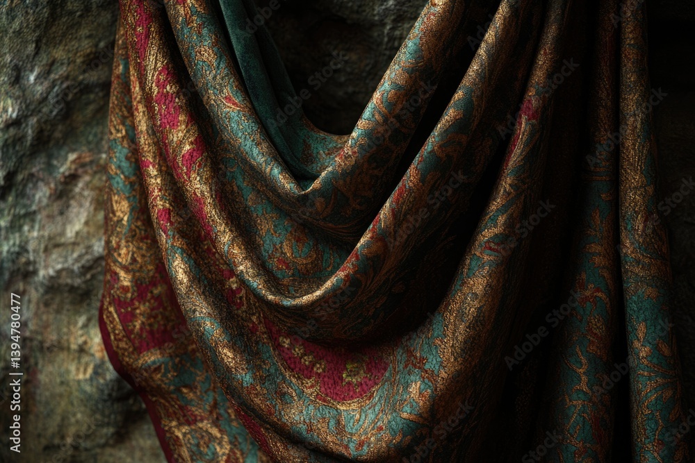 Luxurious teal, gold, and burgundy patterned fabric draped elegantly, showcasing intricate details and rich texture.
