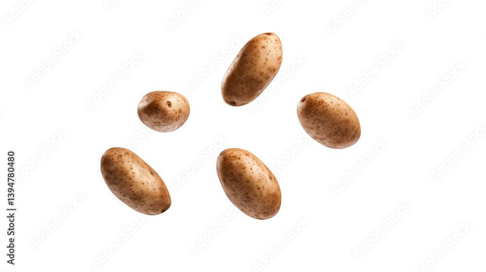 Obraz premium Levitating Potatoes on Transparent Background: Creative and Surreal Food Photography Concept