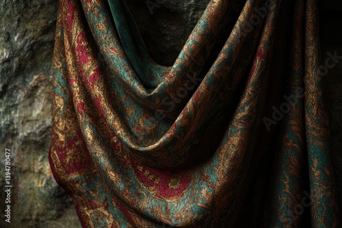 Obraz na płótnie Luxurious teal, gold, and burgundy patterned fabric draped elegantly, showcasing intricate details and rich texture. w salonie