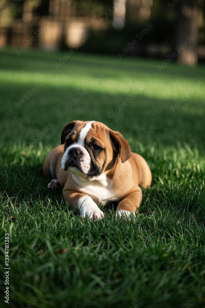 Fototapeta premium there is a small brown and white dog laying in the grass