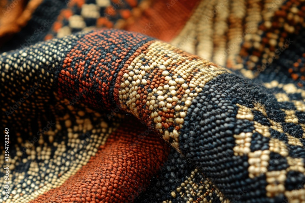 Close-up view of intricately woven fabric with rich, earthy tones and textured patterns. Close-up view of intricately woven fabric with rich, earthy tones and textured patterns.