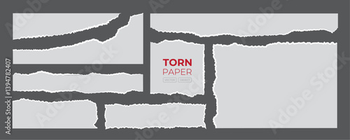 Torn paper collage set with ripped edge on transparent background, realistic ragged  natural paper strips and scrap for notes, message and banner, blank note pages. Vector illustration.
