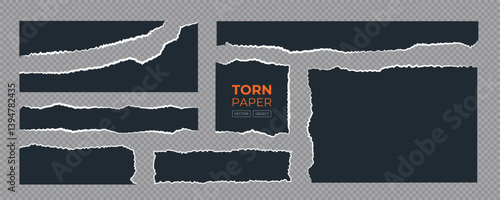 Torn paper set with ripped edge on transparent bg, realistic black ragged paper strips and scrap for notes, message and banner, blank note pages. 