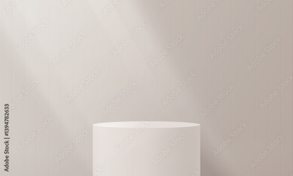 3d podium beige in abstract room with light overlay and shadow. Realistic 3d stage and tile wall on bg for show product. Studio showcase podium mockup with cyclorama, vector illustration. 3d podium beige in abstract room with light overlay and shadow. Realistic 3d stage and tile wall on bg for show product. Studio showcase podium mockup with cyclorama, vector illustration.