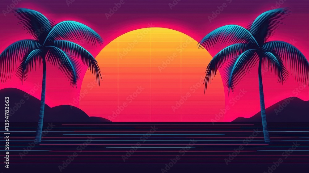 Naklejka premium Vibrant Sunset with Palm Trees and Vibrant Colors in Retro Style