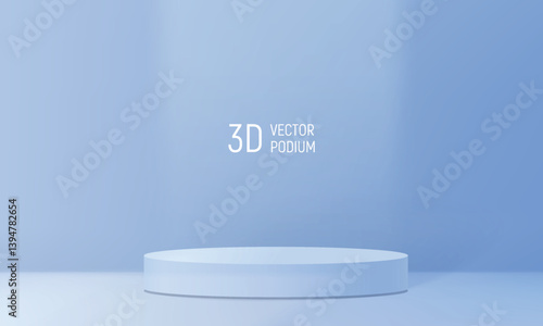 3d podium in blue room with soft light. Abtsract colored studio with pedestal and shadow, vector mockup for cosmetic, healthcare product display on minimal bg. Blue podium for object showcase.
