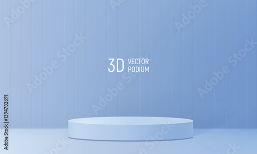 3d podium in blue room with tile wall. Abtsract colored studio with pedestal and shadow, vector mockup for cosmetic, healthcare product display on minimal bg. Blue podium for object showcase.