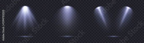 Spotlight set realistic on transparent bg with reflection on floor. Light sources on dark wall, realistic soft concert light on abstract stage png. White projector scene with rays, vector illustration