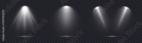 Spotlight set realistic on transparent bg with reflection on floor. Light sources on dark wall, realistic soft concert light on abstract stage png. White projector scene with rays, vector illustration