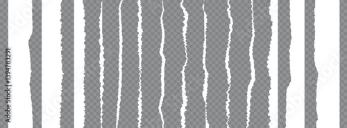 Ripped paper set with torn edge on transparent background, white vertical paper strip border for banner, scrap, notes and message. Grunge brush stroke, distorted lines. Vector illustration, png bg. 
