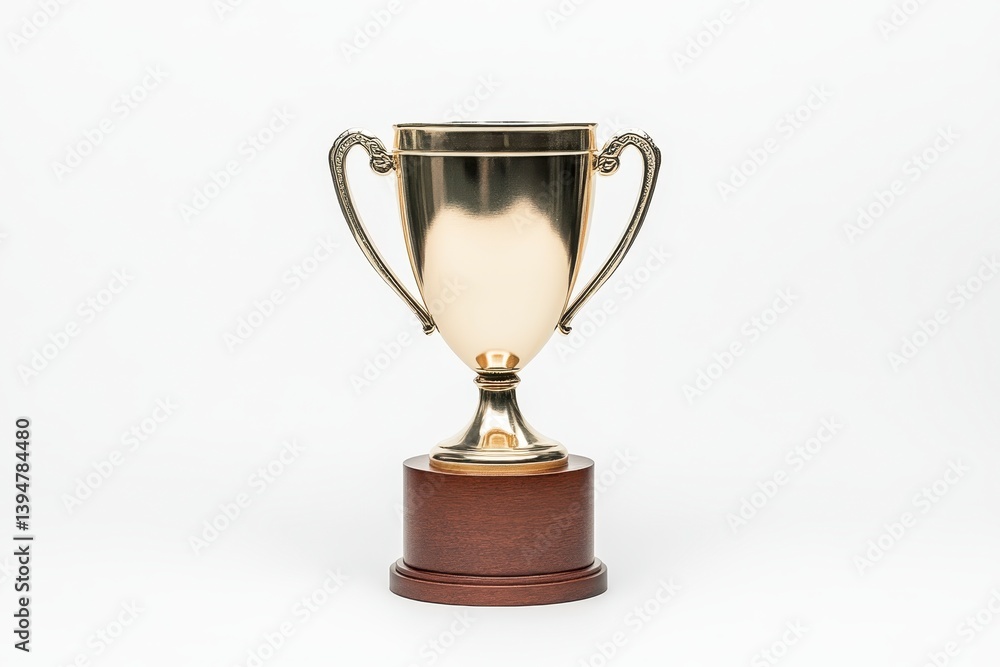 Gold trophy with two handles on a dark brown base, set against a plain white background. The trophy is the main focus of the image. Gold trophy with two handles on a dark brown base, set against a plain white background. The trophy is the main focus of the image.