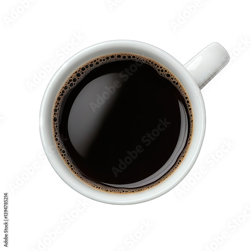 a top-down view of a white coffee mug filled with black coffee showcasing its smooth surface and rich color. simplicity and the enjoyment of a warm beverage