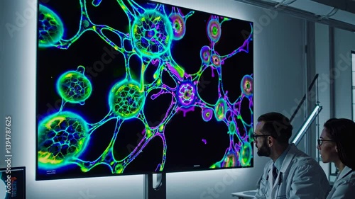 Scientists observe vibrant cellular structures in a modern lab setting