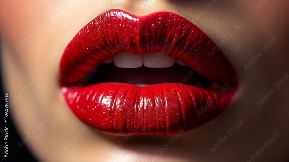 Fototapeta premium Woman's Lips With Shiny Red Lipstick