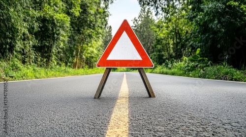 Red and white triangular warning sign on a paved road through a lush green forest. Daytime scene.