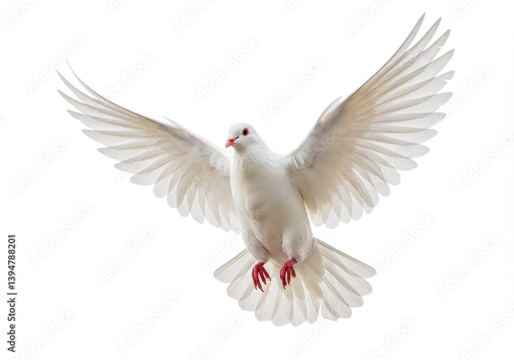 A white dove with outstretched wings flying against a plain white background in a close up shot isolated on white background A white dove with outstretched wings flying against a plain white background in a close up shot isolated on white background