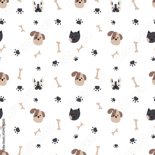Seamless pattern with cute muzzles of dogs and cats of different breeds, black and white seamless graphic vector illustration. Bones, watch your paws. Great for fabric, textile vector illustration