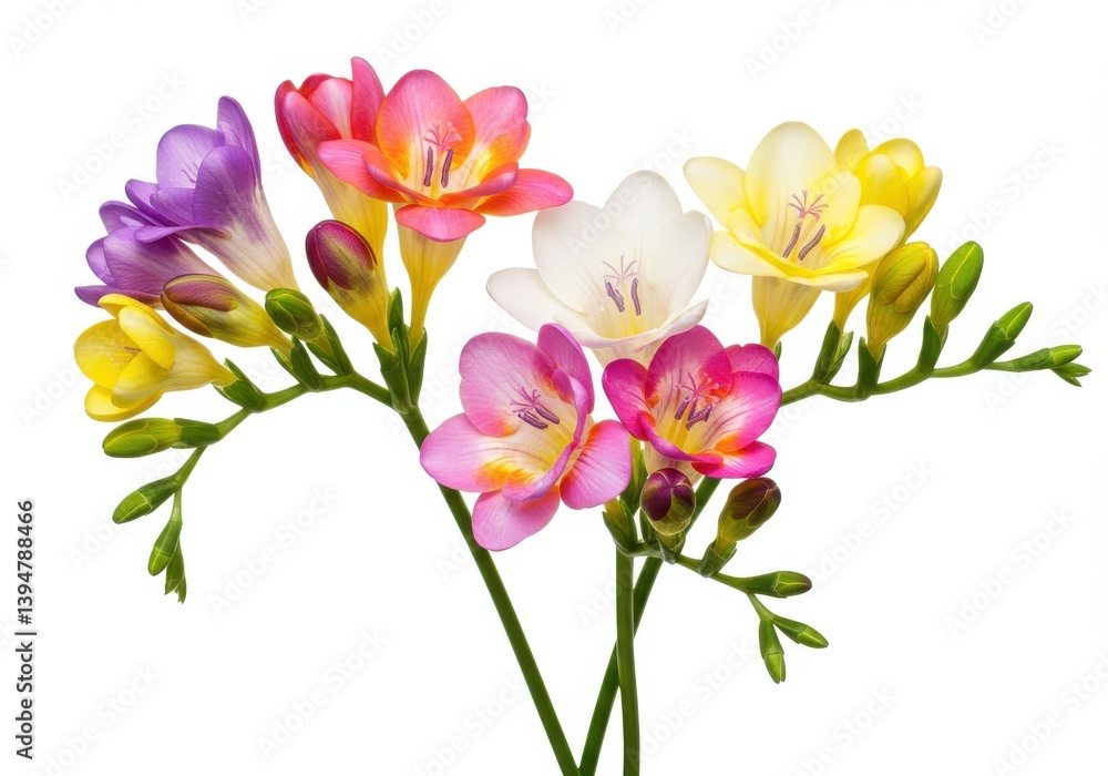 A colorful bouquet of freesia flowers in various shades against a stark white background image view isolated on white background A colorful bouquet of freesia flowers in various shades against a stark white background image view isolated on white background